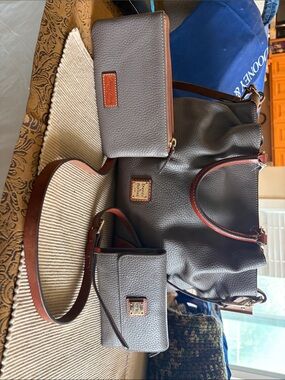 Dooney & Bourke Gray Pebbled Leather Tote with Brown Trim and Matching Pouches
